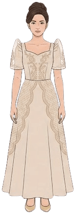Ninang attire — modern Filipiniana in champagne gold or beige