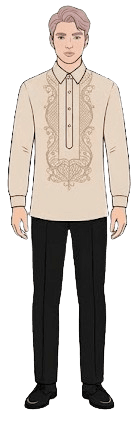 Ninong attire — beige or white barong with black slacks